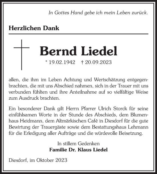 Traueranzeige von Bernd Liedel von Volksstimme Altmark West