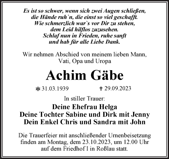 Traueranzeige von Achim Gäbe von Trauerkombi Dessau