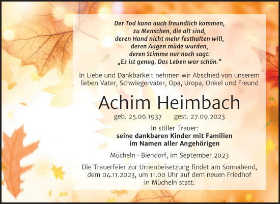 Traueranzeige von Achim Heimbach von Trauerkombi Merseburg