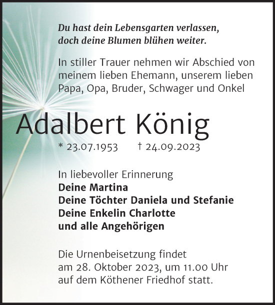Traueranzeige von Adalbert König von Trauerkombi Köthen