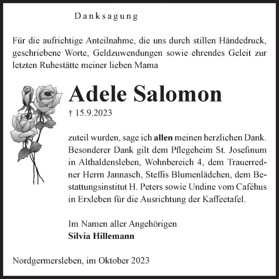 Traueranzeige von Adele Salomon von Volksstimme Haldensleben/Wolmirstedt