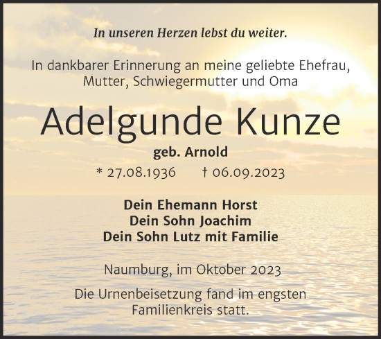 Traueranzeige von Adelgunde Kunze von Wochenspiegel Naumburg/Nebra