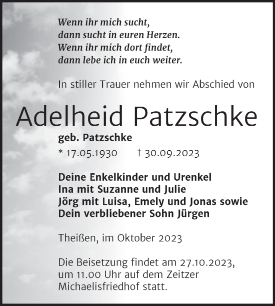 Traueranzeige von Adelheid Patzschke von Trauerkombi Zeitz