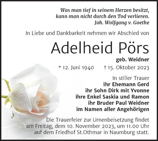 Traueranzeige von Adelheid Pörs von Naumburger Tageblatt