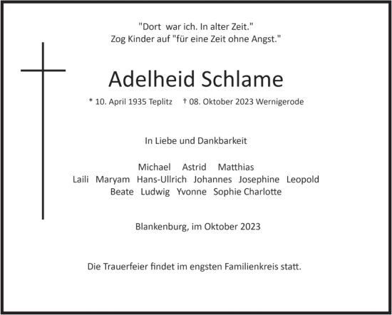 Traueranzeige von Adelheid Schlame von Volksstimme Oschersleben/Wanzleben