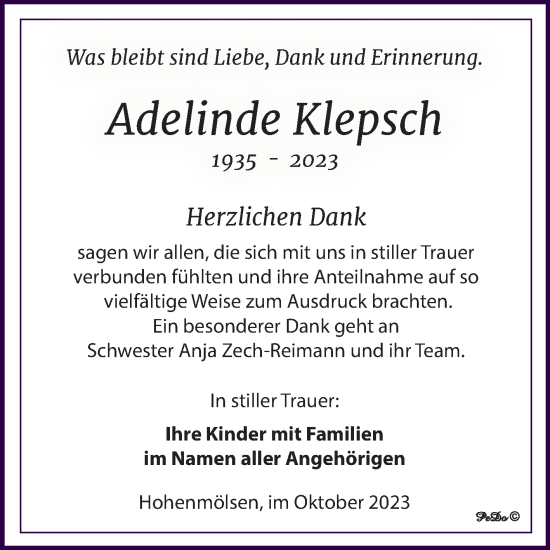Traueranzeige von Adelinde Klepsch von Trauerkombi Weißenfels