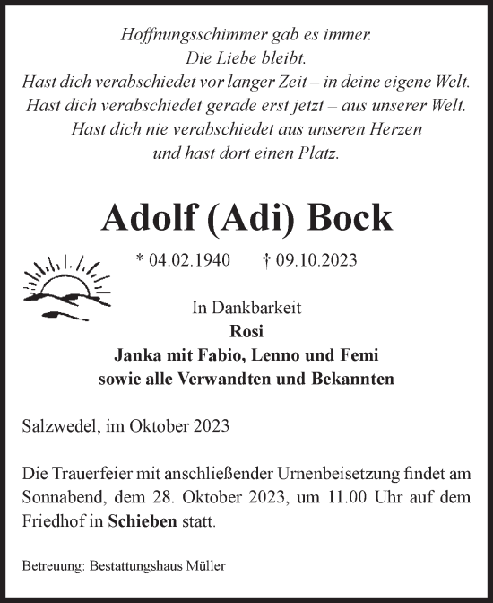 Traueranzeige von Adolf Bock von Volksstimme Altmark West