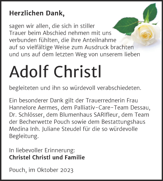 Traueranzeige von Adolf Christl von Wochenspiegel Bitterfeld