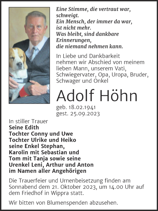 Traueranzeige von Adolf Höhn von Trauerkombi Sangerhausen