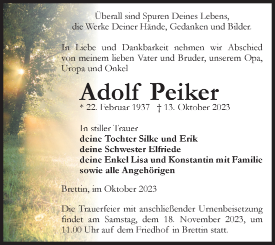 Traueranzeige von Adolf Peiker von Volksstimme Burg/Genthin