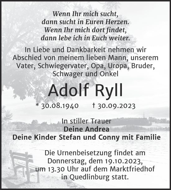 Traueranzeige von Adolf Ryll von Trauerkombi Quedlinburg