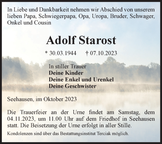 Traueranzeige von Adolf Starost von Volksstimme Oschersleben/Wanzleben