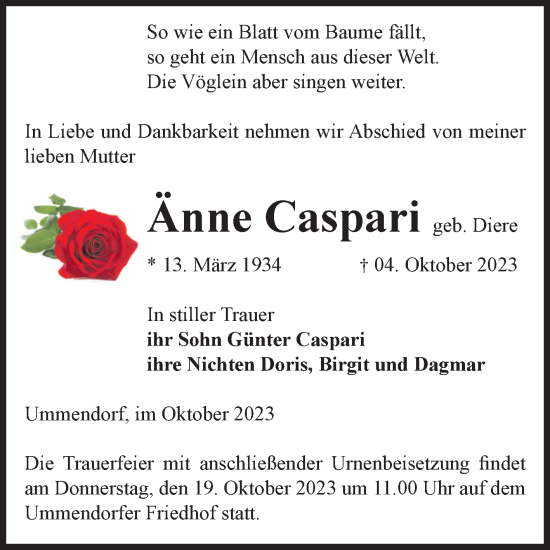 Traueranzeige von Änne Caspari von Volksstimme Oschersleben/Wanzleben