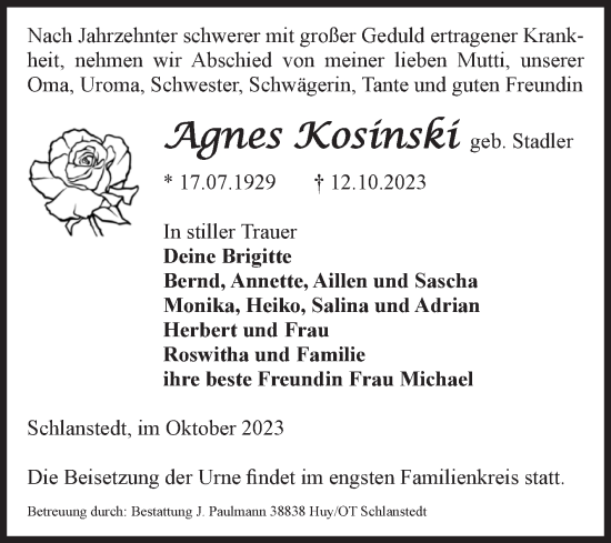 Traueranzeige von Agnes Kosinski von Volksstimme Halberstadt