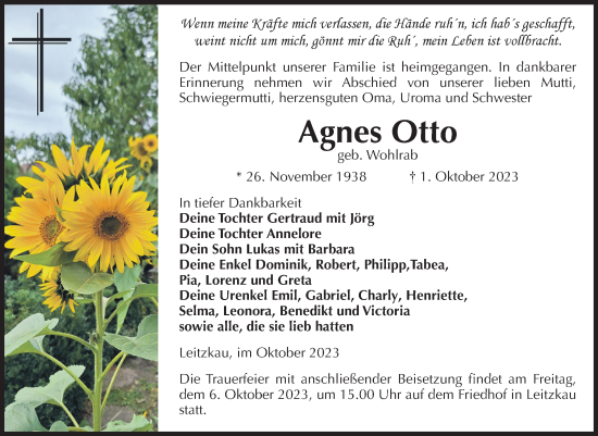 Traueranzeige von Agnes Otto von Volksstimme Zerbst