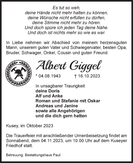 Traueranzeige von Albert Giggel von Volksstimme Altmark West
