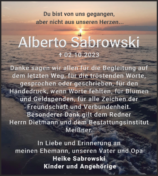 Traueranzeige von Alberto Sabrowski von Trauerkombi Sangerhausen