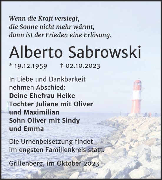 Traueranzeige von Alberto Sabrowski von Trauerkombi Sangerhausen