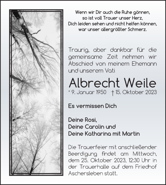Traueranzeige von Albrecht Weile von Trauerkombi Aschersleben