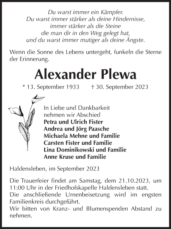 Traueranzeige von Alexander Plewa von Volksstimme Haldensleben/Wolmirstedt