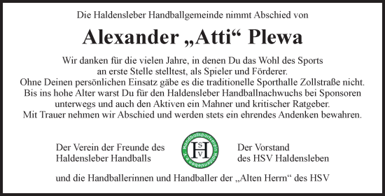 Traueranzeige von Alexander Plewa von Volksstimme Haldensleben/Wolmirstedt