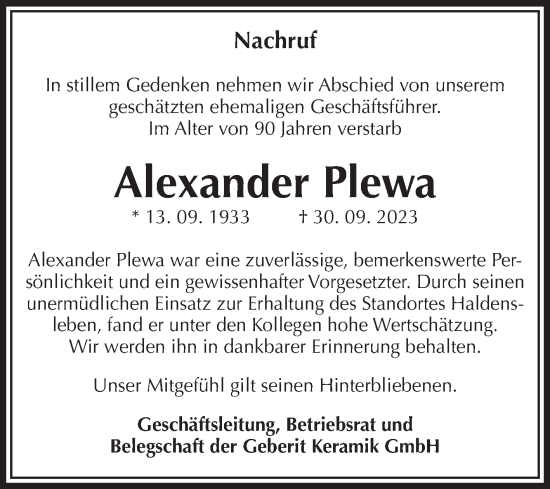 Traueranzeige von Alexander Plewa von Volksstimme Haldensleben/Wolmirstedt