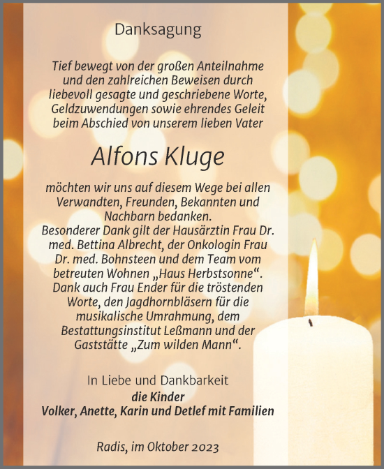 Traueranzeige von Alfons Kluge von Trauerkombi Wittenberg