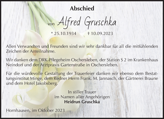 Traueranzeige von Alfred Gruschka von Volksstimme Oschersleben/Wanzleben