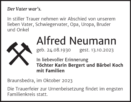 Traueranzeige von Alfred Neumann von Trauerkombi Merseburg