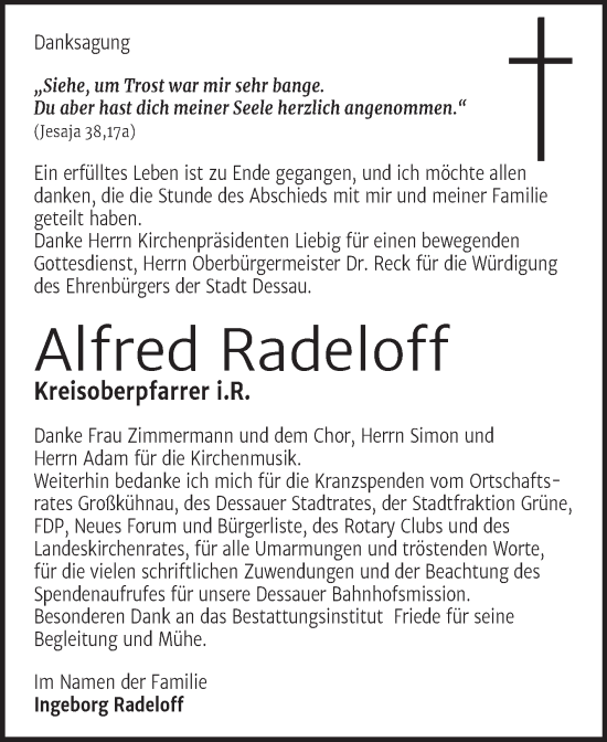 Traueranzeige von Alfred Radeloff von Trauerkombi Dessau