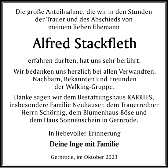 Traueranzeige von Alfred Stackfleth von Trauerkombi Quedlinburg