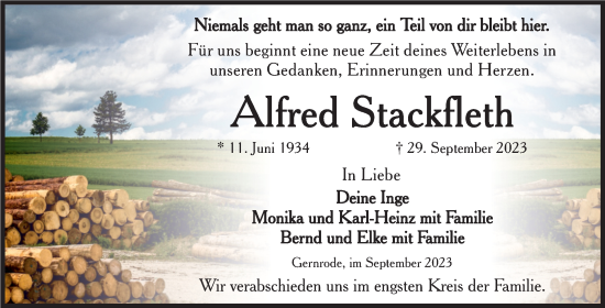 Traueranzeige von Alfred Stackfleth von Trauerkombi Quedlinburg
