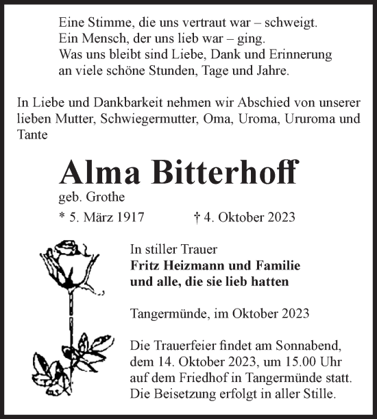 Traueranzeige von Alma Bitterhoff von Volksstimme Altmark Ost