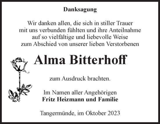 Traueranzeige von Alma Bitterhoff von Volksstimme Altmark Ost