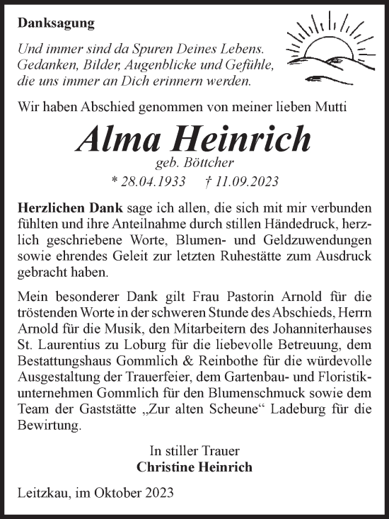 Traueranzeige von Alma Heinrich von Volksstimme Zerbst