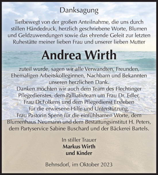 Traueranzeige von Andrea Wirth von Volksstimme Haldensleben/Wolmirstedt