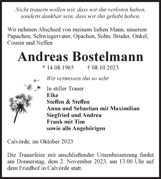 Traueranzeige von Andreas Bostelmann von Volksstimme Haldensleben/Wolmirstedt