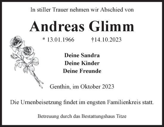 Traueranzeige von Andreas Glimm von Volksstimme Burg/Genthin