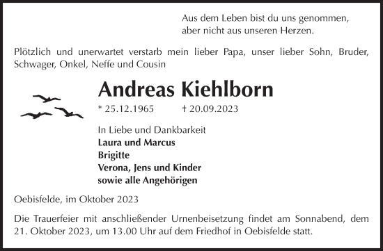 Traueranzeige von Andreas Kiehlborn von Volksstimme Altmark West
