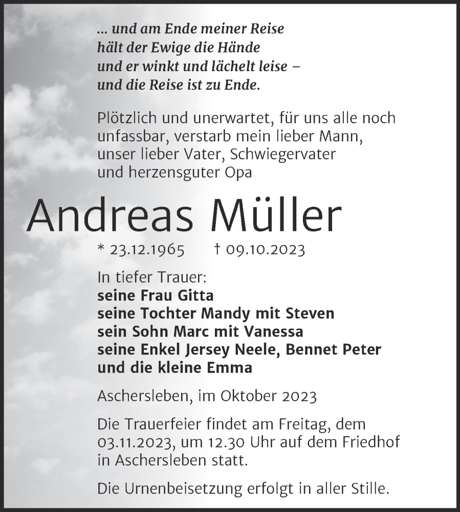  Traueranzeige für Andreas Müller vom 14.10.2023 aus Trauerkombi Aschersleben