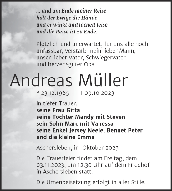 Traueranzeige von Andreas Müller von Trauerkombi Aschersleben