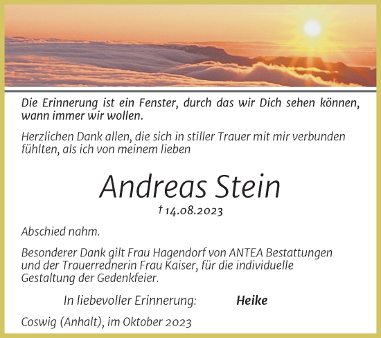 Traueranzeige von Andreas Stein von Trauerkombi Wittenberg