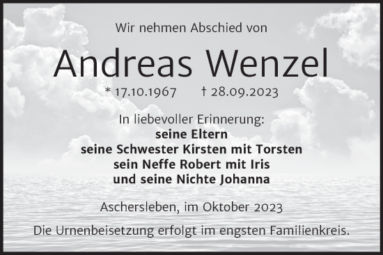 Traueranzeige von Andreas Wenzel von Trauerkombi Aschersleben