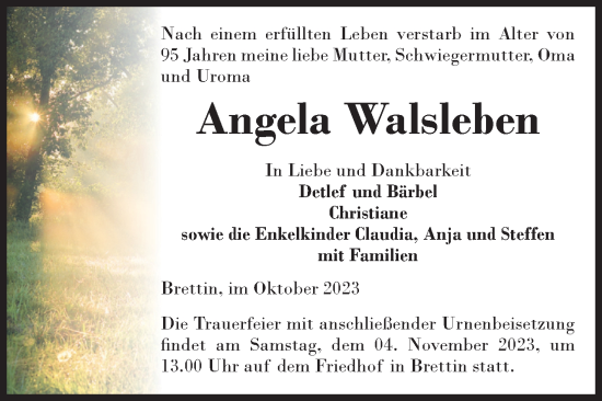 Traueranzeige von Angela Walsleben von Volksstimme Burg/Genthin
