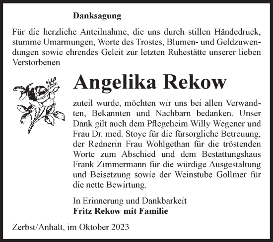 Traueranzeige von Angelika Rekow von Volksstimme Zerbst