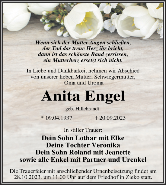 Traueranzeige von Anita Engel von Trauerkombi Wittenberg