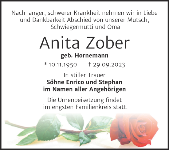 Traueranzeige von Anita Zober von Trauerkombi Bernburg