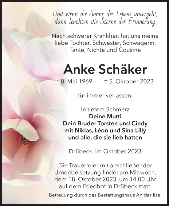 Traueranzeige von Anke Schäker von Volksstimme Wernigerode