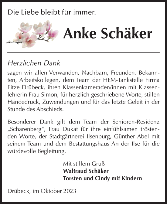 Traueranzeige von Anke Schäker von Volksstimme Wernigerode