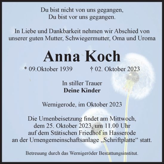 Traueranzeige von Anna Koch von Volksstimme Wernigerode